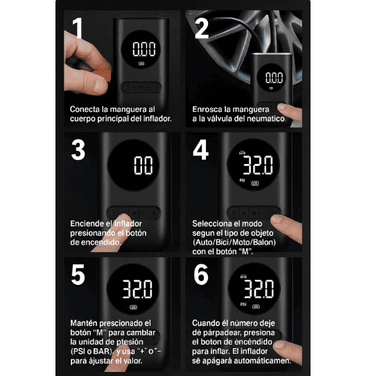AirPro® Compresor de aire portátil recargable con pantalla digital y luz LED
